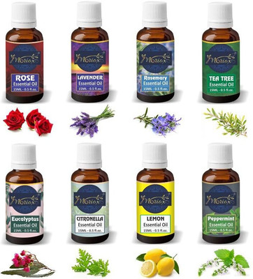 MORIOX Rose Lavender Rosemary Tea Tree Eucalyptus Citronella Lemon and Peppermint Essential Oil -Pack of 8(120 ml)