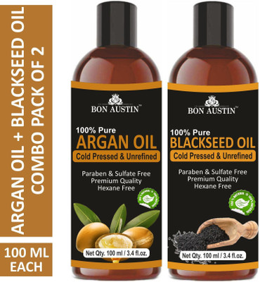 Bon Austin Premium Argan Oil & Blackseed(Kalonji) Oil - Cold Pressed & Unrefined Combo pack of 2 bottles of 100 ml(200 ml)(200 ml)