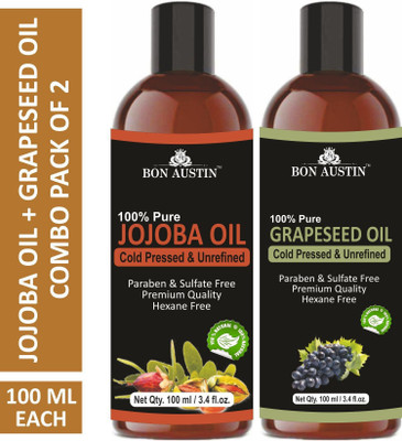 Bon Austin Premium Jojoba Oil & Grapeseed Oil - Cold Pressed & Unrefined Combo pack of 2 bottles of 100 ml(200 ml)(200 ml)