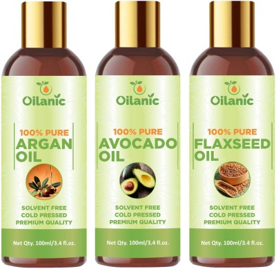 Oilanic Premium Argan Oil, Avocado Oil & Flaxseed Oil Combo pack of 3 bottles of 100 ml(300 ml)(300 ml)