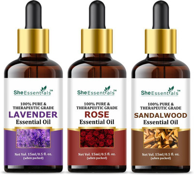 She Essentials Sandalwood Essential Oil | Rose | Lavender for Hair, Skin & Aromatherapy(45 ml)