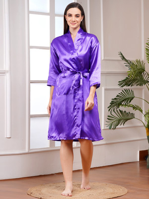 Poorak Purple Free Size Bath Robe(1 X Full Sleeve Satin Bathrobe, For: Women, Purple)