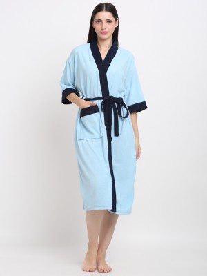 CREEVA Sky Blue & Navy Free Size Bath Robe(1 Bathrobe attached adjustable Belt, For: Men & Women, Sky Blue & Navy)