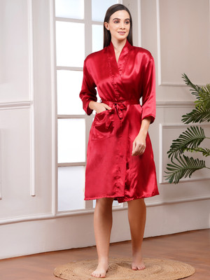 Poorak Maroon Free Size Bath Robe(1 X Full Sleeve Satin Bathrobe, For: Women, Maroon)
