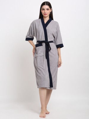 CREEVA Grey & Navy Free Size Bath Robe(1 Bathrobe attached adjustable Belt, For: Men & Women, Grey & Navy)