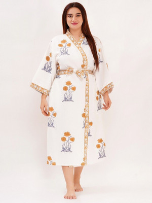 Poorak Yellow, Purple Free Size Bath Robe(1 Block Print Waffle Fullsleeve Bathrobe, For: Men & Women, Yellow, Purple)