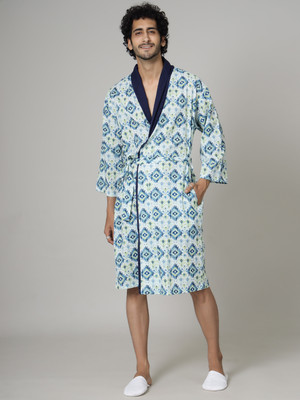 Ravaiyaa - Attitude Is Everything White Blue Ikat Free Size Bath Robe(1, For: Men, White Blue Ikat)