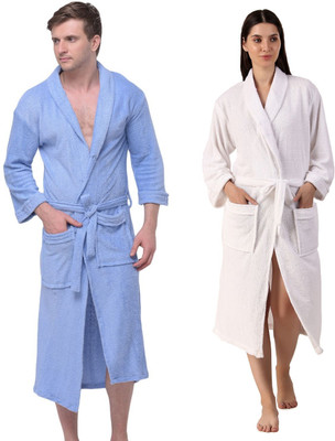 Comfortlooms Sky, White Free Size Bath Robe(2 x Bathrobe, For: Men & Women, Sky, White)
