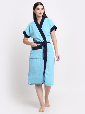 CREEVA Ocean Blue & Black Free Size Bath Robe(1 Bathrobe attached adjustable Belt, For: Men & Women, Ocean Blue & Black)