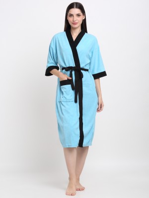 CREEVA Ocean Blue & Black Free Size Bath Robe(1 Bathrobe attached adjustable Belt, For: Men & Women, Ocean Blue & Black)