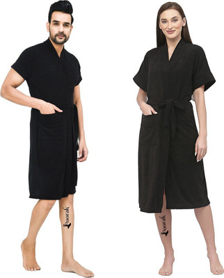 Poorak Black Free Size Bath Robe(Block Print Terry Half Sleeve Bathrobe, For: Men & Women, Black)