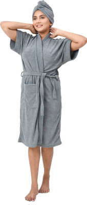 Poorak Grey Hair Wrap Combo Free Size Bath Robe(1 Women Bathrobe::1 Hair Towel, For: Women, Grey Hair Wrap Combo)