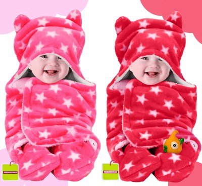 Pandaoriginals Printed Single Hooded Baby Blanket for  AC Room(Cotton, Pink, Red)