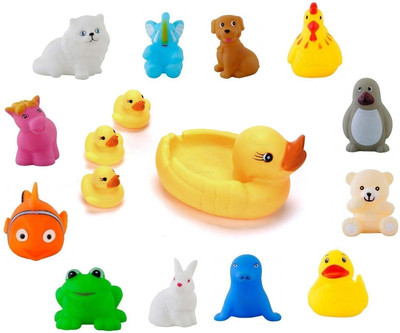 Globular Animal With Duck Family Chu Chu Toy Shape Colorful Rubber Pack of 16 Bath Toy(Multicolor)