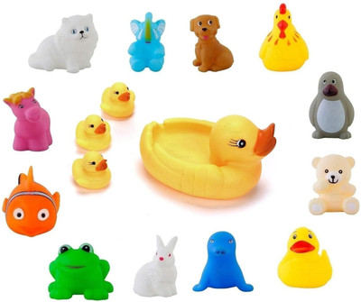 vworld Squeeze Chu Chu 4 Pcs Duck Family Duckling Set with 12 Pcs Chu Chu Bath Toy Bath Toy(Multicolor)