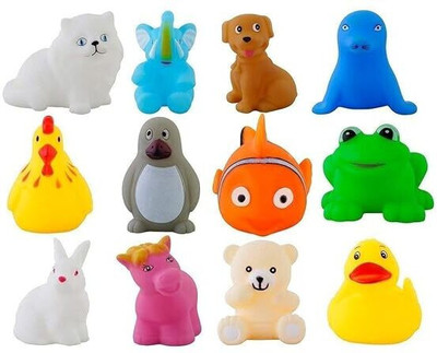 ZIQRA TOYS Soft Rubber Float Squeeze Sound Bathing Toy for Baby - Mix Animals (Pack of 12) Bath Toy(Multicolor)