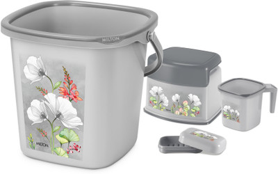 MILTON Swish Junior 4 Piece Bathroom Set, 18L Bucket with Stool, Mug & Soap Case, Grey 18 L Plastic Bucket(Grey)