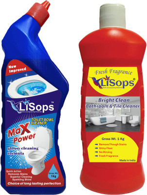 LiSops Bright Clean Bathroom & Tile Cleaner (1x Gross wt. 1kg) & Max Power Glossy Cleaning Formula Lemon Liquid Toilet Cleaner (1x Gross wt. 1 kg) (Combo of 2) Multi-Fragrance(2 x 1000 ml)