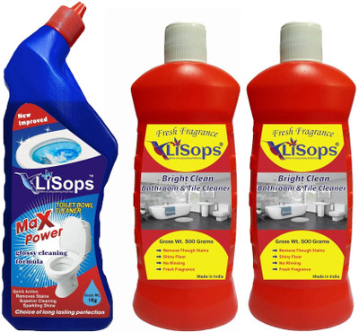 LiSops Bright Clean Bathroom & Tile Cleaner Multi-Fragrance(500 x 2)ml & Max Power Glossy Cleaning Formula Lemon Liquid Toilet Cleaner 1 Litre Multi-Fragrance(3 x 0.67 L)