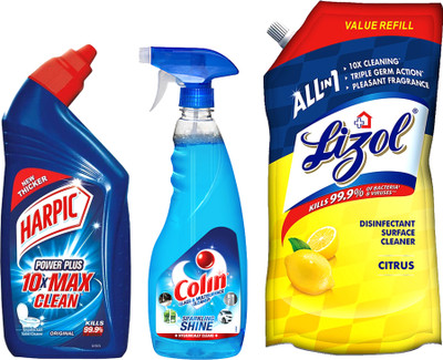 Harpic Original 500ml Toilet Cleaner + Lizol Citrus 750 ml + Colin Glass Cleaner 500 ml Citrus(3 x 583.33 ml)