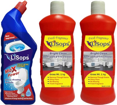 LiSops Bright Clean Bathroom & Tile Cleaner (2x Gross wt. 1 kg) & Max Power Glossy Cleaning Formula Lemon Liquid Toilet Cleaner (1x Gross wt.1 kg) (Combo of 3) Multi-Fragrance(3 x 1000 ml)