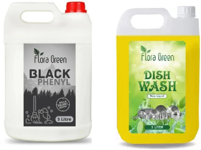 Flora Green Black phenyl plain floor cleaner doctor phenyl and dish wash combo Antiseptic(2 x 5000 ml)