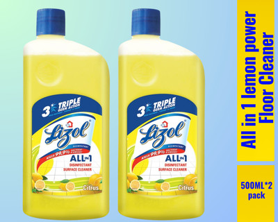 Lizol Disinfectant Surface & Floor Cleaner Liquid, 500ml Citrus057 Lemon(2 x 0.5 L)