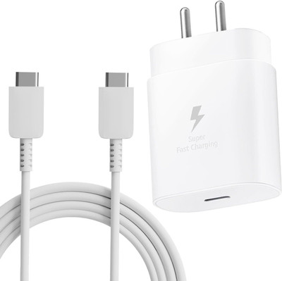 VELOGK 25 W Quick Charge 3 A Wall Charger for Mobile with Detachable Cable(25W Charger With USB C to C Cable Compatible For Samsung Galaxy - White, Cable Included)