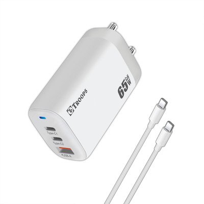 TP TROOPS 65 W GaN 2.4 A Wall Charger for Mobile with Detachable Cable(65W Charger with Type C to Type C Cable, Cable Included)