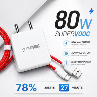 CLAT 80W SUPERVOOC/VOOC/FLASH/DART/ULTRADART/WRAP/DASH 6A Adapter For Type C Mobile m Mobile Charger with Detachable Cable(White)