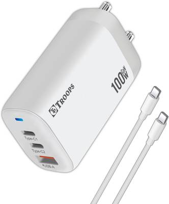 TP TROOPS 100 W 5 A Multiport Mobile 100W GAN DESKTOP FAST CHARGER GaN Quick 3 Port Charger C+C+A 100W US Folding Pin for iPhone, Macbook Pro, Type C Laptop, Powerbank, Samsung USB C Laptops (Include: Baseus Xiaobai series fast charging Cable Type-C to Type-C 100W(20V/5A) 1m)(White) Charger with Detachable Cable