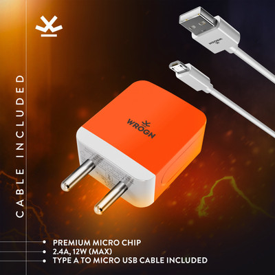 WROGN 20 W 2.4 A Wall Charger for Mobile with Detachable Cable(Orange, White, Cable Included)