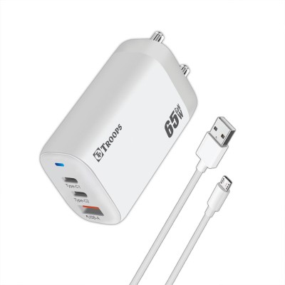 TP TROOPS 65 W GaN 2.4 A Multiport Mobile Charger with Detachable Cable(65W Charger with USB to Micro Cable, Cable Included)