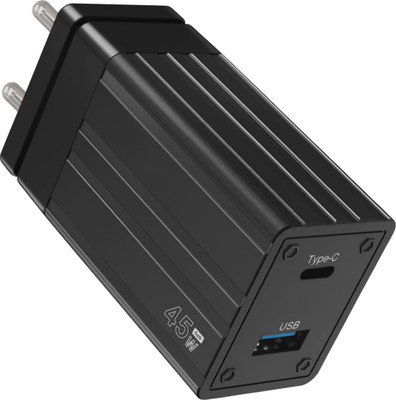 Qrisn 45 W Power GaN 5 A Dual Port Mobile Charger with Detachable Cable(Black)