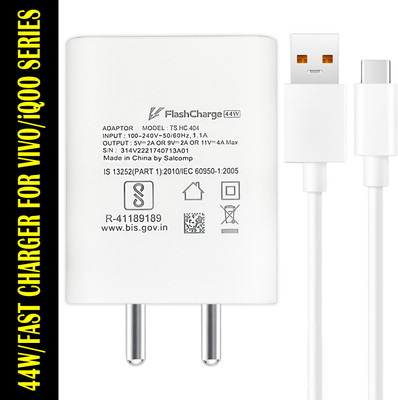 Safa 44 W Quick Charge 4 A Wall Charger for Mobile with Detachable Cable(White, 44W FlashCharge For VIVO/iQOO Models, Cable Included)