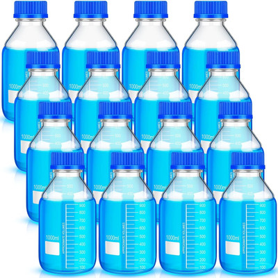 Salco 1000ml 16 Pieces Reagent Media Glass Bottle With GL25 Polypropylene Screw Cap Laboratory Dropper Bottle(Borosilicate Glass 1000 ml Pack of16)