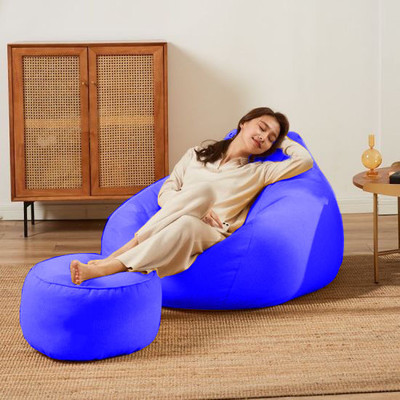 Kam's Lieu XXXL Bean Bag with Footrest | Ready To Use Faux Leather Teardrop Bean Bag  With Bean Filling(Blue)