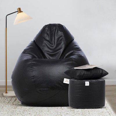 STAR XXXL Classic Footrest with Cushion Combo Filled with Beans Bean Bag Chair  With Bean Filling(Black)