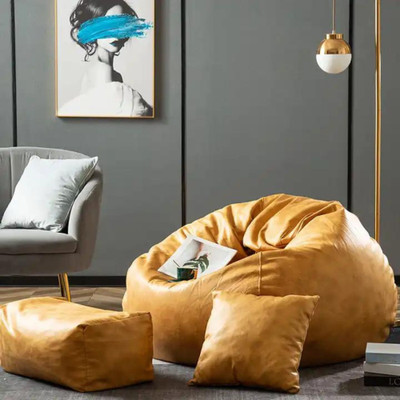 Kam's Lieu XXL Premium Imported Leather Bean Bag with Footrest and Cushion | Ready To Use Teardrop Bean Bag  With Bean Filling(Yellow)