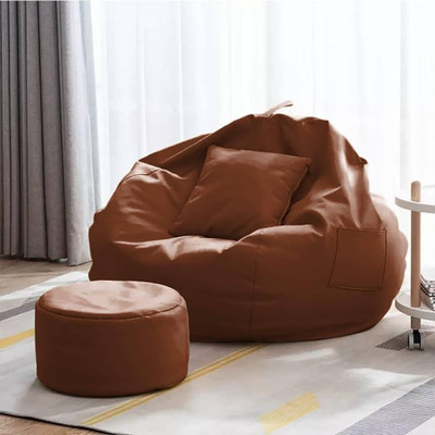Seventh Heaven 4XL Filled Bean Bag with Cushion and Footrest - Scratch Resistant Premium Leatherite Bean Bag Footstool  With Bean Filling(Tan)