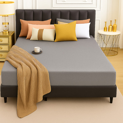 Blufurn Cotton Double Fitted (Elastic) 200 TC Solid Bedsheet(Pack of 1, Grey)