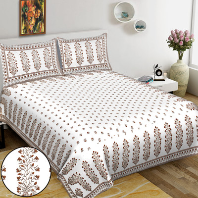 RAJDEVI JAIPUR PRINTS 451 TC Cotton King Floral Flat Bedsheet(Pack of 1, White)