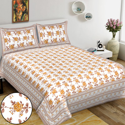 RAJDEVI JAIPUR PRINTS 450 TC Cotton King 3D Printed Flat Bedsheet(Pack of 1, Orange)