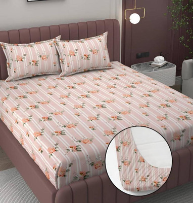 ClassicFits Cotton King, Queen, Double Fitted (Elastic) 250 TC Floral Bedsheet(Pack of 1, Pink, Multicolor)