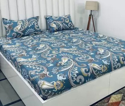 TrueBuy Cotton Queen Fitted (Elastic) 280 TC Floral Bedsheet(Pack of 1, Sky)
