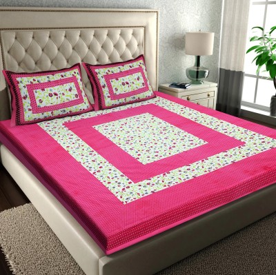 Online Baba 160 TC Cotton Double Jaipuri Prints Flat Bedsheet(Pack of 1, Pink)