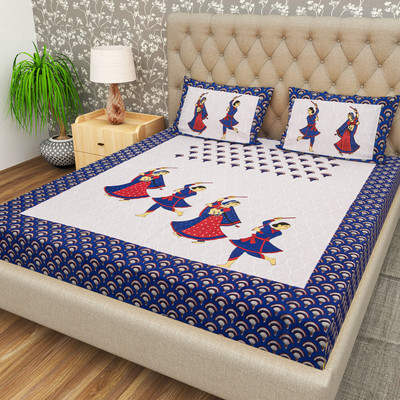 Cosito 144 TC Cotton Double Jaipuri Prints Flat Bedsheet(Pack of 1, Blue)
