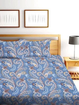 YaAkholic 400 TC Microfiber King Printed Flat Bedsheet(Pack of 1, Blue, 1 Fitted Elastic Double Bed sheet, 2 Pillow Covers)