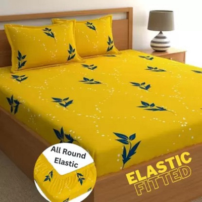 TrueBuy Cotton Double Fitted (Elastic) 290 TC Floral Bedsheet(Pack of 1, Yellow)