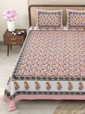 CLOTHOLOGY Cotton King Flat 240 TC Jaipuri Prints Bedsheet(Pack of 1, Pink, Green, Yellow)